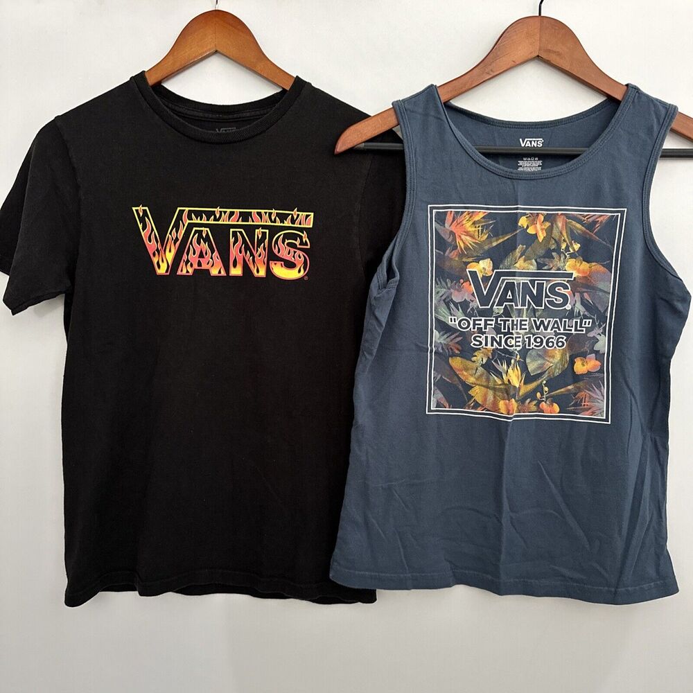 Vans Kids Size Youth Large T-Shirt Lot Black Flames Short Sleeve,‎ Blue Tank Top